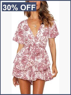 Floral V-Neck Romper with Waist Tie and Ruffle Hem - Summer Jumpsuit